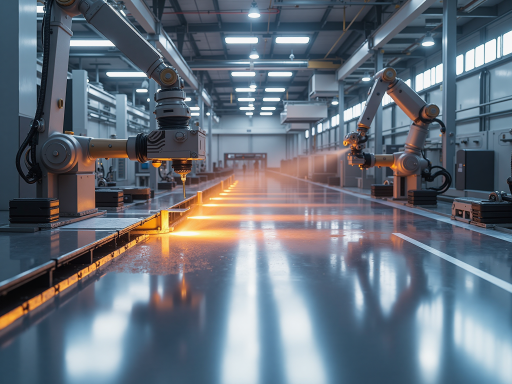 Future vision of automated manufacturing with robotic welding systems, blue and orange industrial lighting, advanced robotics, high-tech factory environment